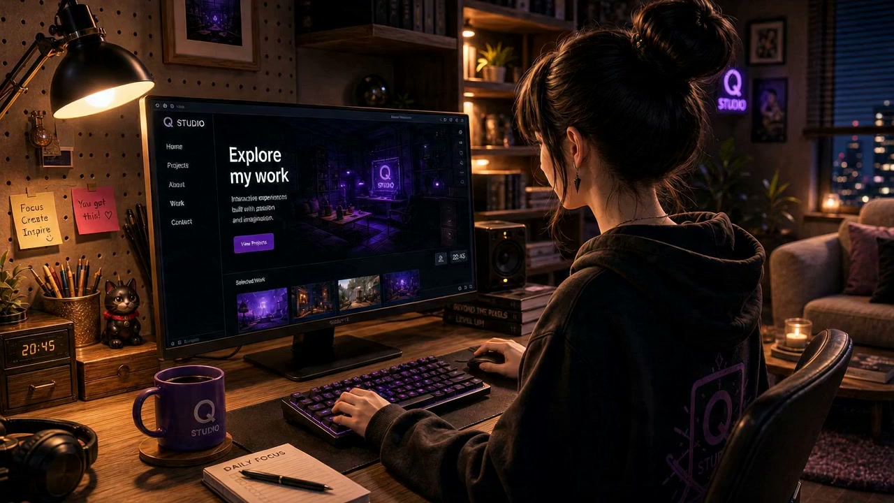 Q studio desk scene